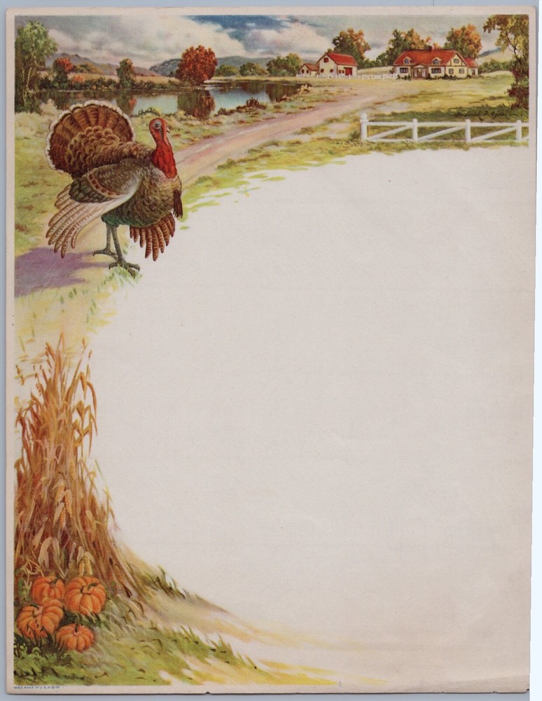 1940s Thanksgiving Letterhead Stationery Turkey Farm Fall Vintage