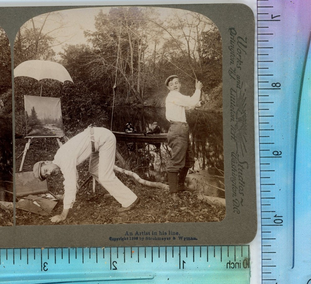 An Artist in His Line Fishing Comic Genre Underwood Stereoview