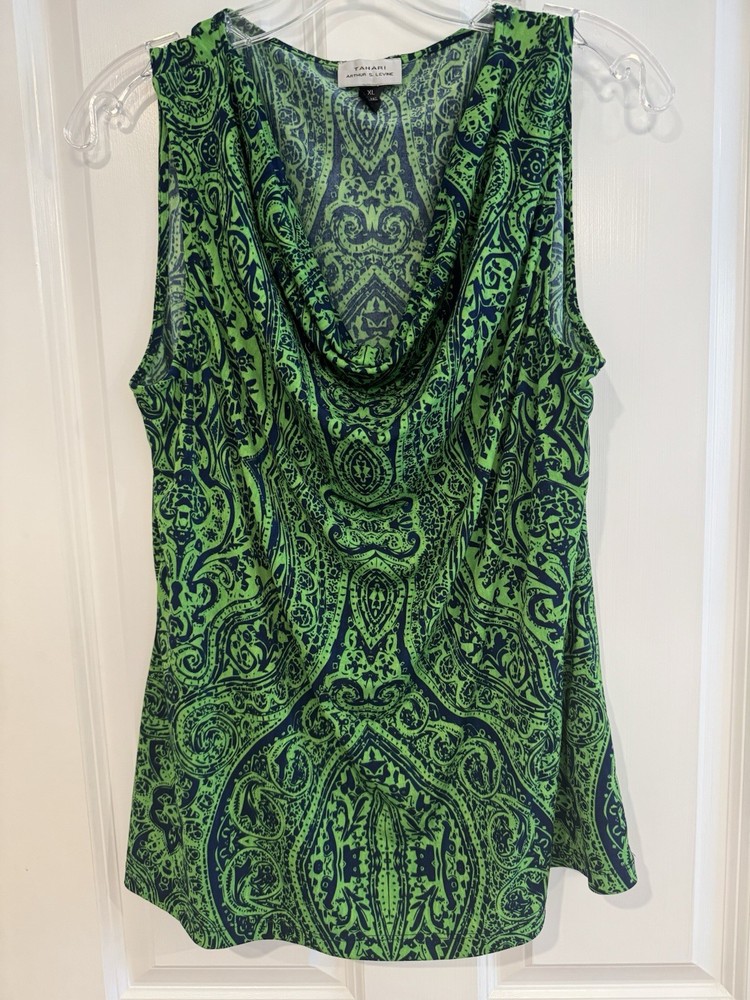 Tahari Arthur S. Levine Green/Blue Paisley Cowl Neck Sleeveless Top, XL