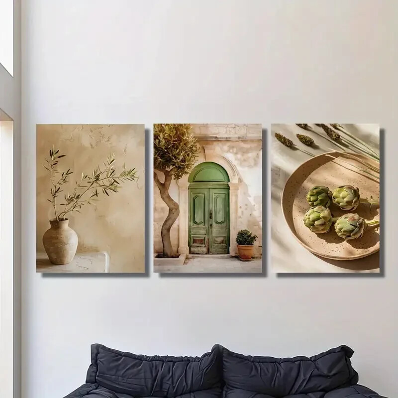 3pcs Italian Vintage Olive Tree Metal Print Art with Vase Ready to Hang