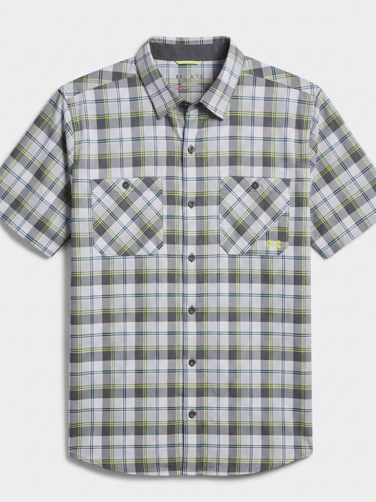 Under Armour Shirt Mens XL Gray Green Plaid HeatGear Button Front Short Sleeve