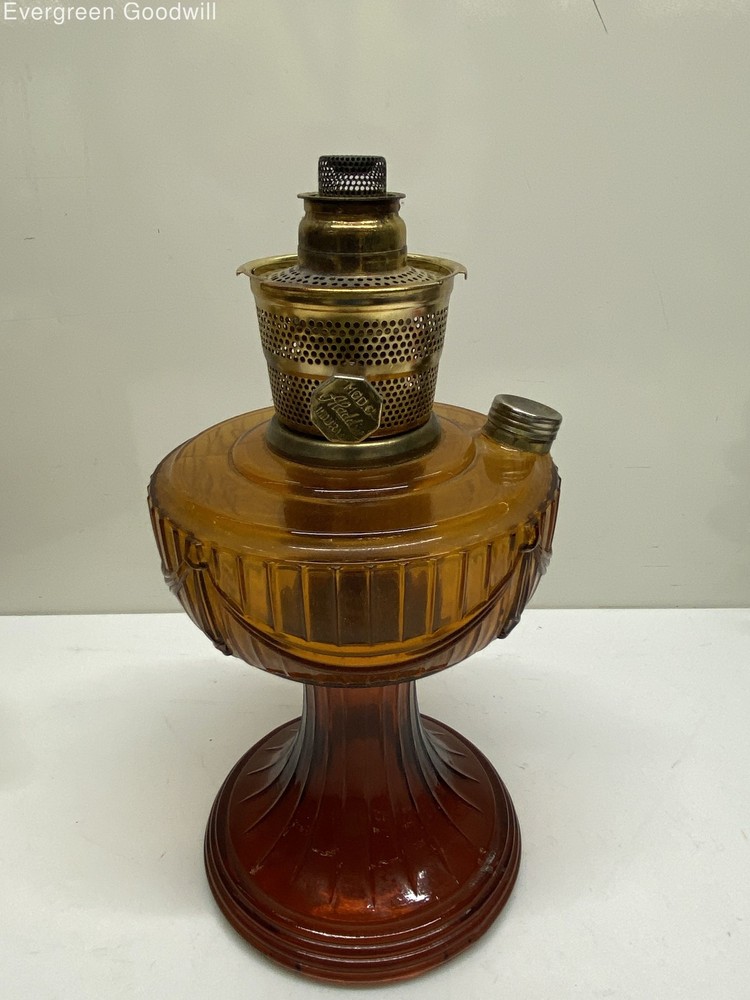 Vintage Aladdin Short Lincoln Drape Amber Glass Oil Lamp