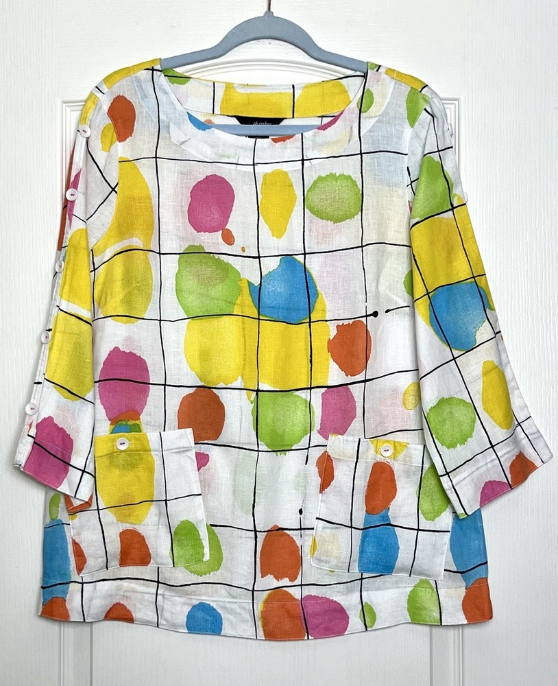 Ali Miles Linen Abstract Colorful Top Size S Art Multicolor Tunic 3/4 Sleeve