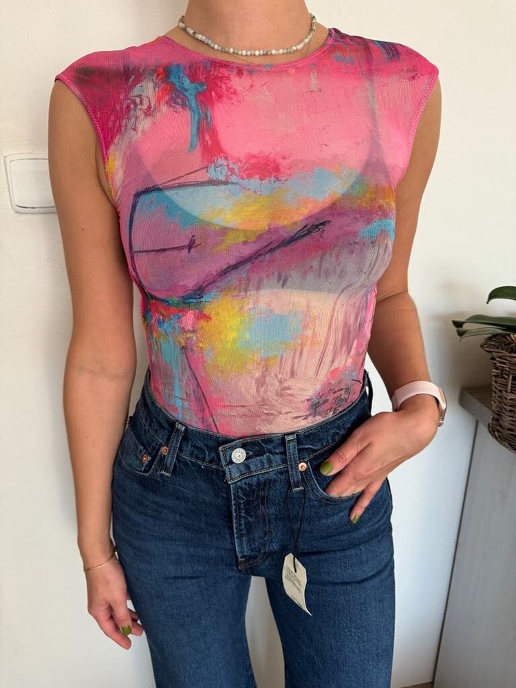 Zara x David Pher graffiti abstract art multicolor mesh printed bodysuit size S-image