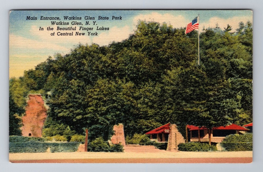Watkins Glen NY-New York, State Park Main Entrance, Vintage Souvenir Postcard