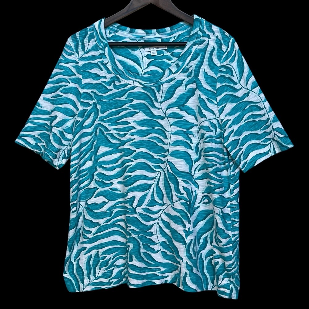 Chicos Women Teal White Tropical Leaf Print Scoop Neck Slub Tee XL Size 3