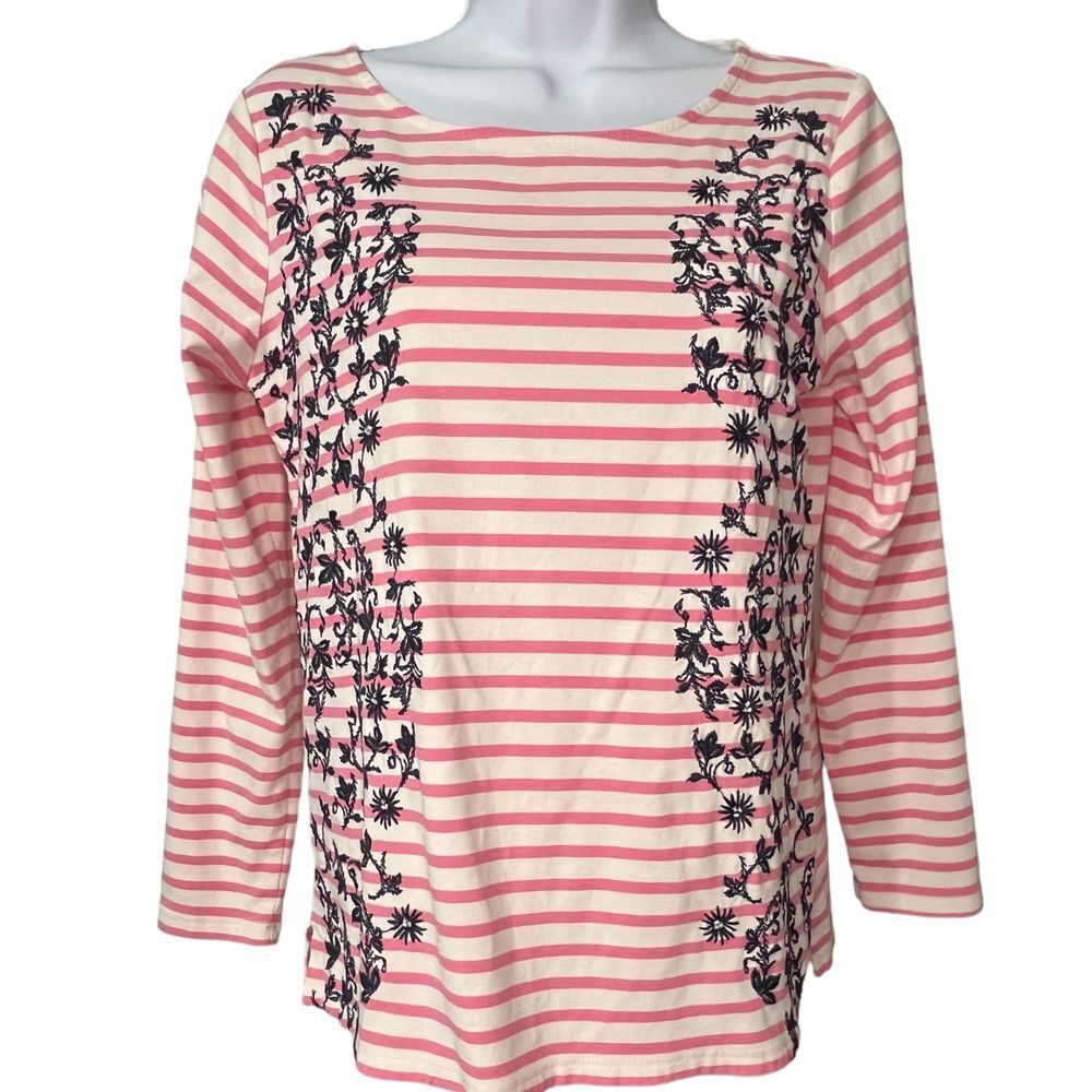 Peck & Peck White w Pink Stripes Embroidered Long Sleeve Cotton Top  Sz S