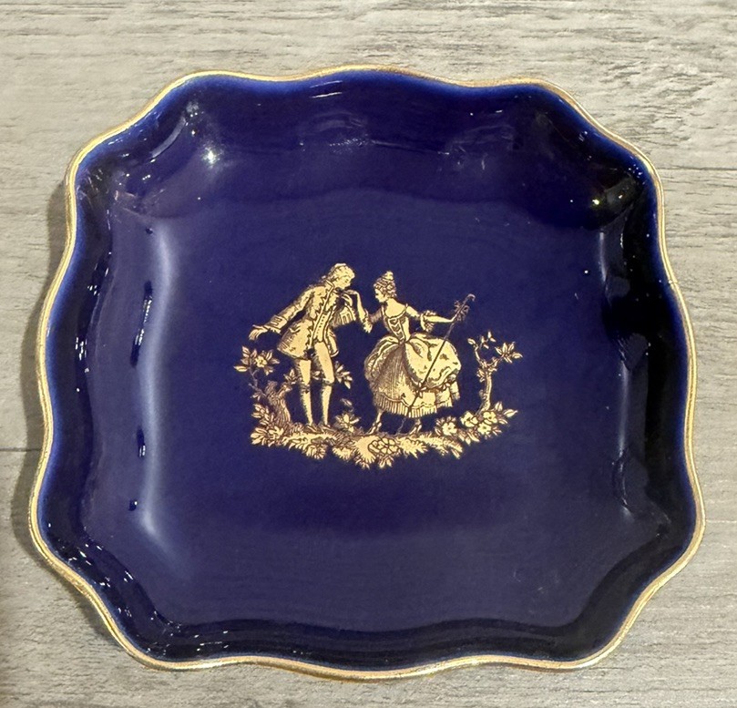 Vintage Limoges France Cobalt Blue and Gold Porcelain Trinket Tray 3 5/8” Square