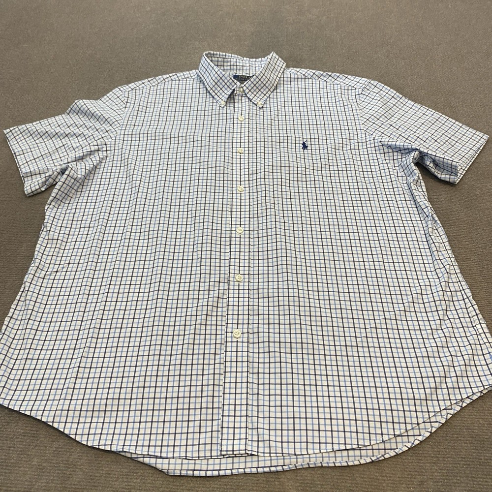 Polo Ralph Lauren Shirt Mens 2XL Blue White Plaid Short Sleeve Stretch Nylon
