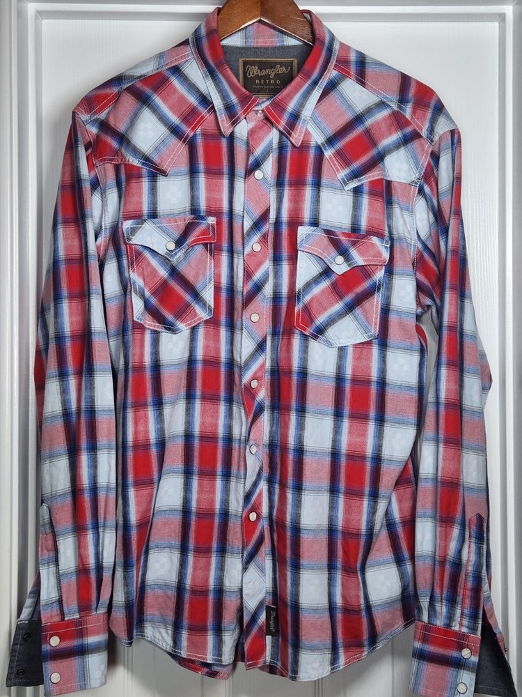 Wrangler Retro Mens L Western Shirt Pearl Snap Long Sleeve Red Plaid Aztec