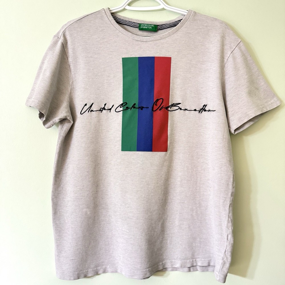 United Colors Of Benetton Graphic Tee Beige Logo Shirt Minimalist Y2K XL