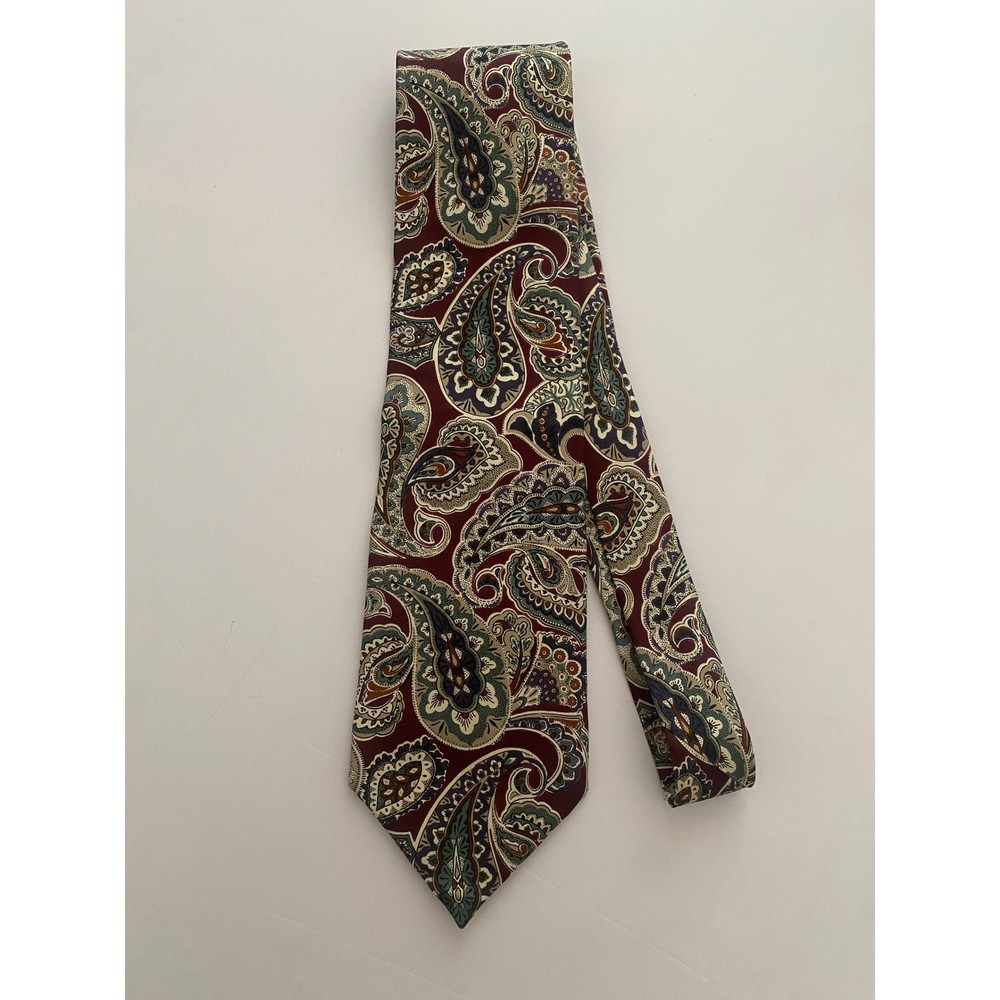 Christian Dior Monsieur Mens Silk Paisley Tie Burgundy Green Gold Made in USA