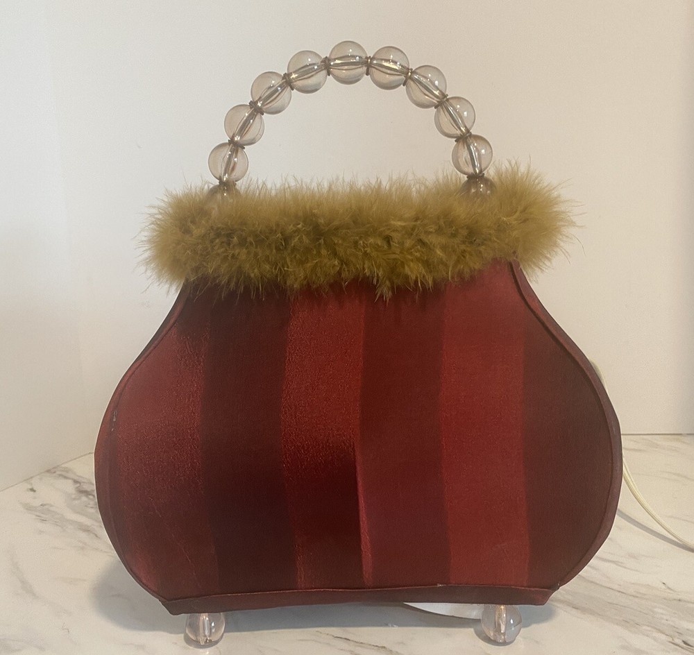 Purse Shaped Desktop Lamp Night Light Maroon Red Faux Fur & Beaded Handle Table