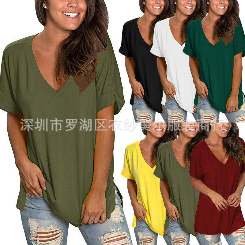 Women's Front Chest V-neck Loose Short Sleeve Hem Split Solid T-shirt