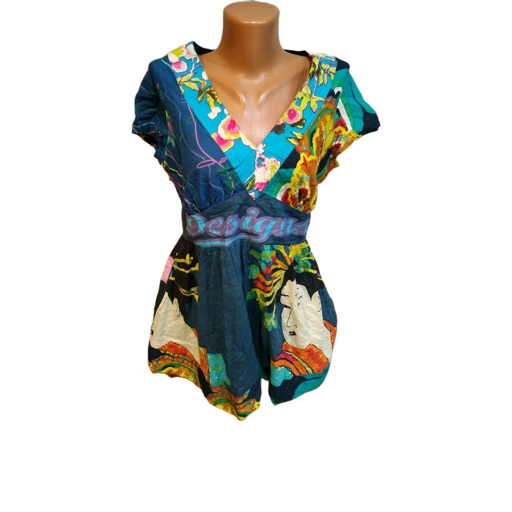 Desigual women's  blouse size M  Blue Multicolor Ornament Floral Logo Zip