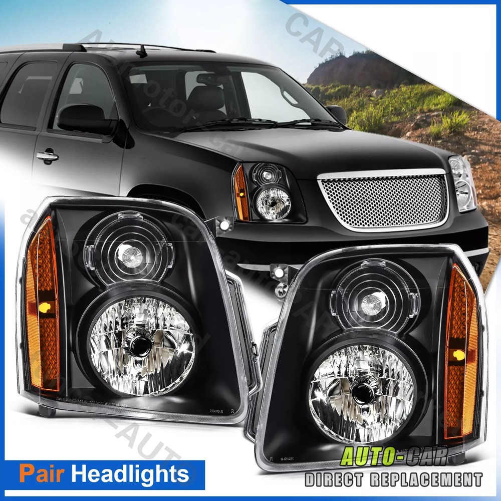 Black Housing Headlights For 2007-2014 GMC Yukon Denali XL1500 2500 NJ/DE