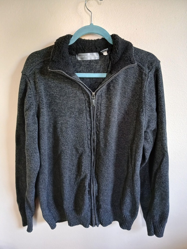 Oscar de La Renta Men's Large Gray Full Zip Jacket 100% Cotton Sherpa Trim 2013