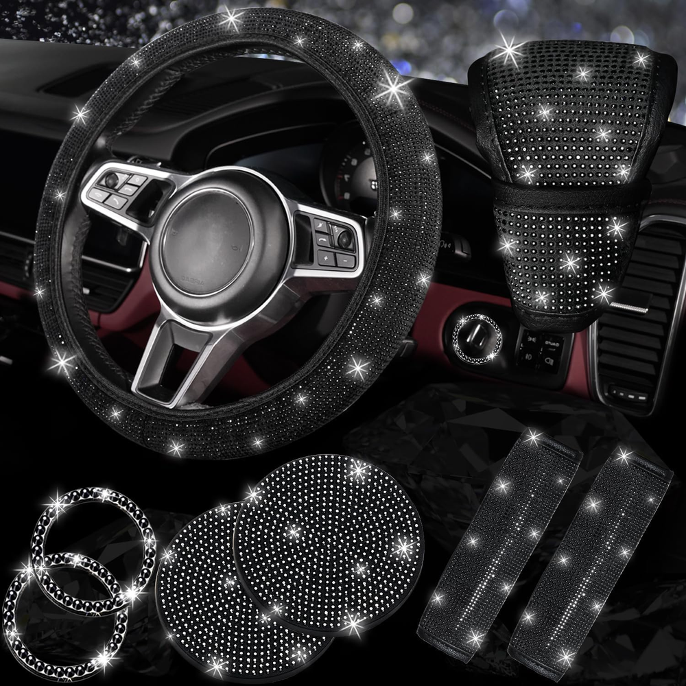 Bling Rhinestone Diamond Car Accessories Set for Women - 8 Pcs