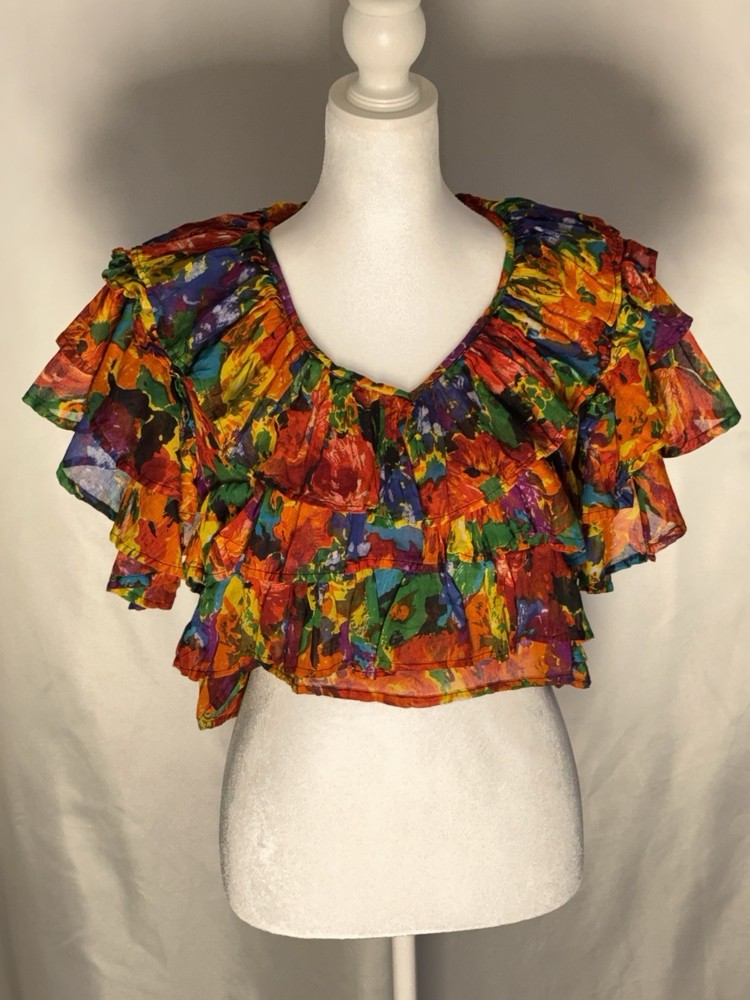 Vintage 80s Ruffle Blouse Bold Floral Cotton Top Shoulder Pads Statement Retro M