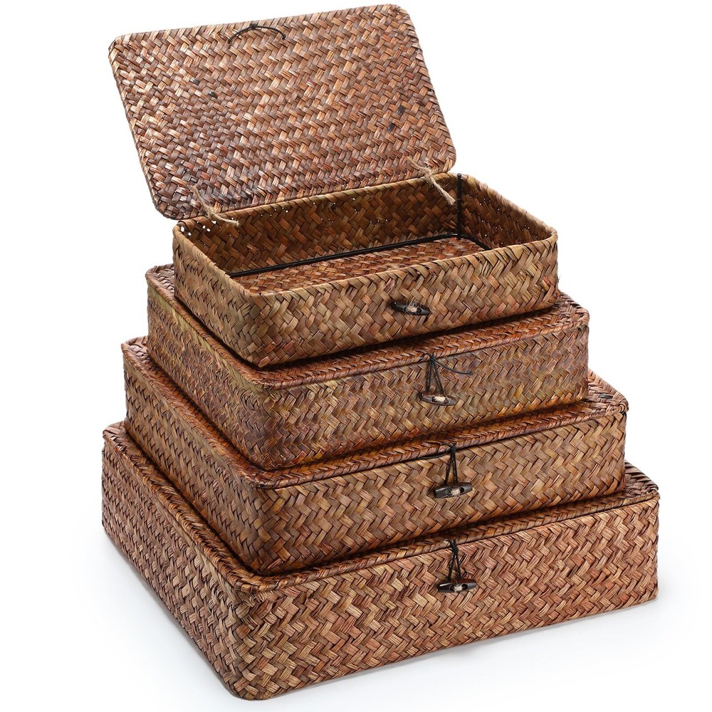 Set of 4 Seagrass Basket with Lid Wicker Storage Basket Decorative Storage Bo...