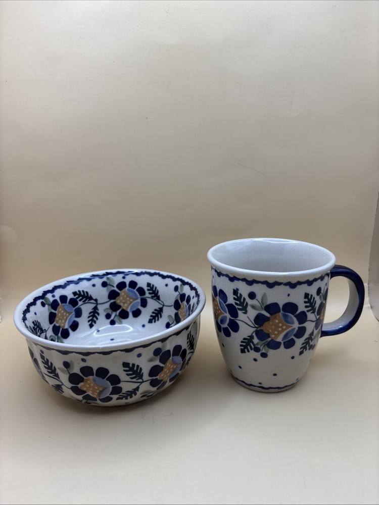 Polish Pottery 5.5 Inch  Bowl & 12 Ounce Mug Orange and Blue Flower
