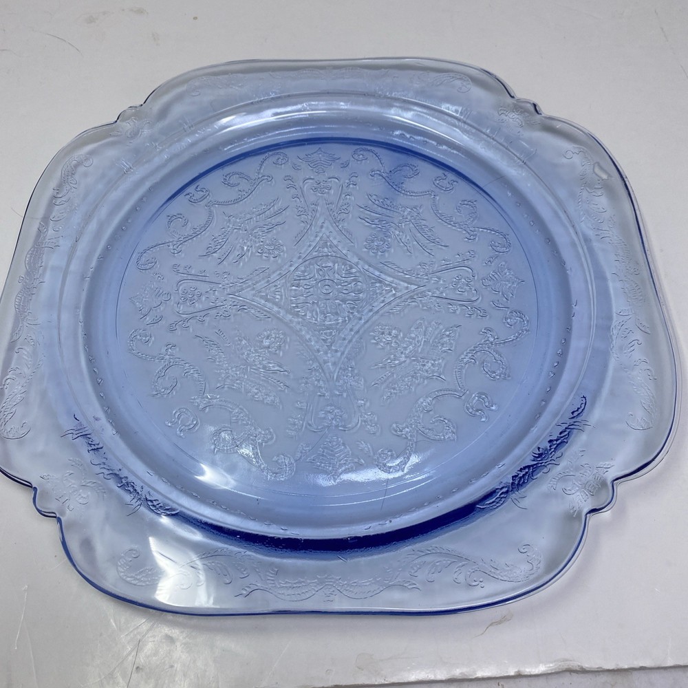 1930’s Federal Depression Glass Blue Madrid 10” Plate Square Dinner Appetizers