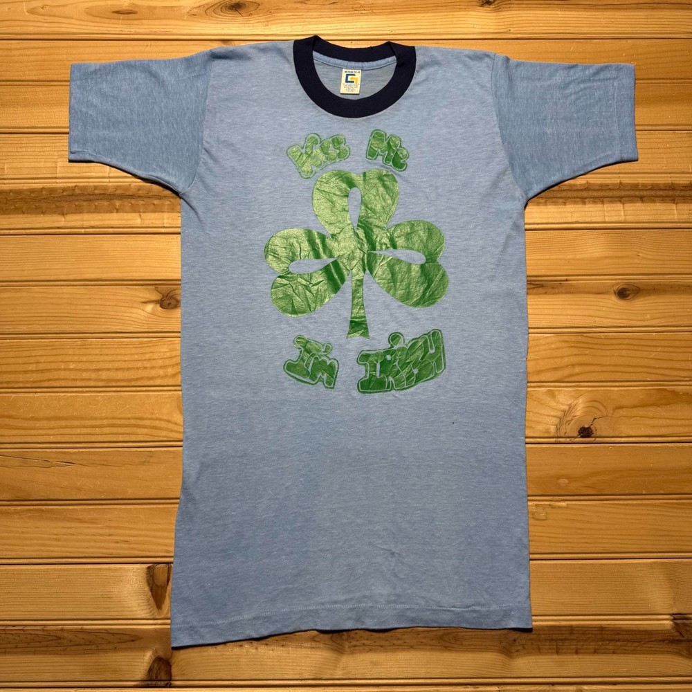 Vintage 70s Kiss Me I'm Irish Shamrock Single Stitch Graphic Ringer Shirt Medium