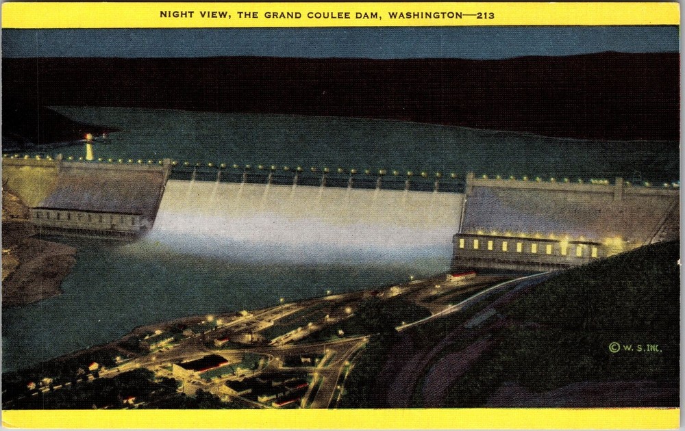 WA-Washington, Night View, Grand Coulee Dam, Vintage Postcard