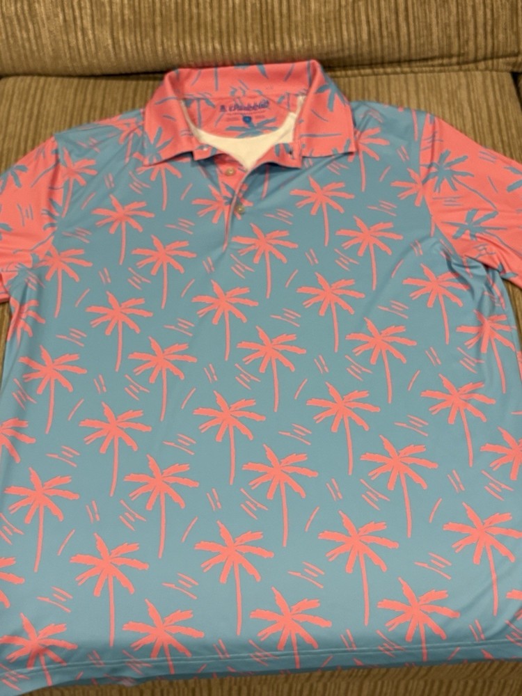 Chubbies Polo Blue Pink Palm Tree Print The Electric Slide Golf Shirt MEDIUM