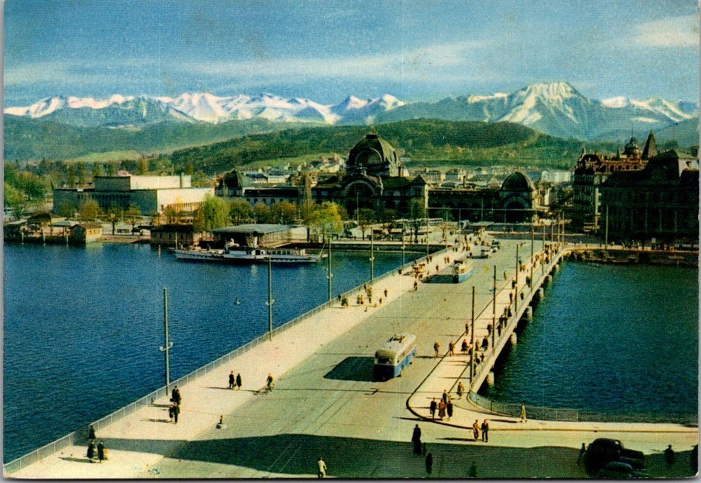 Vintage Lucerne Switzerland Postcard Lake Bridge Station Alps View [AA]