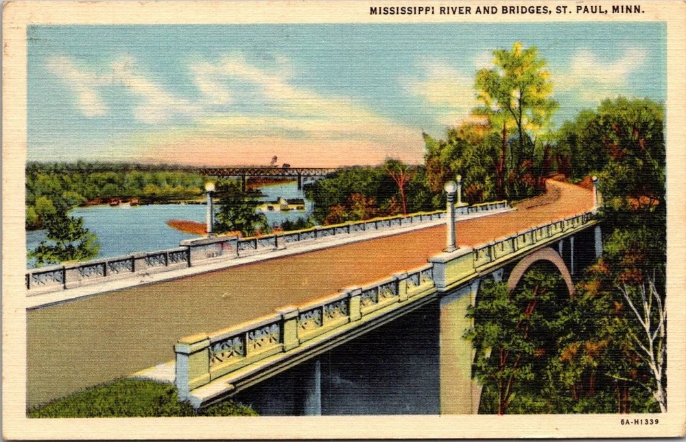 1948 St. Paul MN Mississippi River Bridges Vintage Curteich Postcard