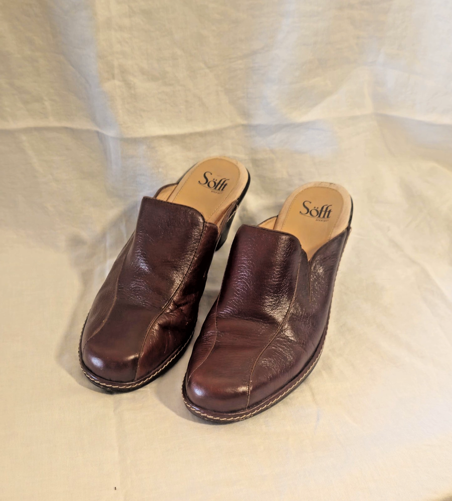 Sofft Rich Brown Leather Mules Womens 8.5 Brown Block Heel 2.5