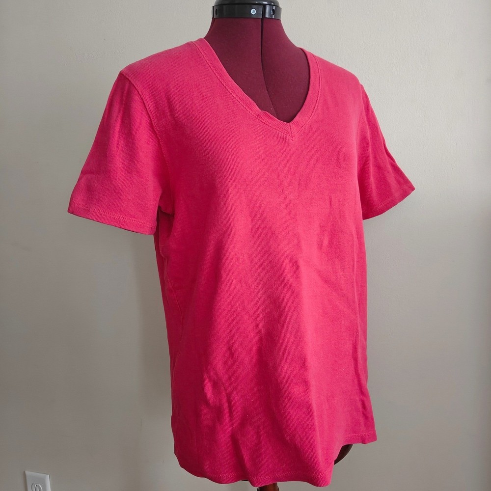CHAUS SPORT Women's Short Sleeve T Shirt Hot Pink Ribbed V Neck Size Medium