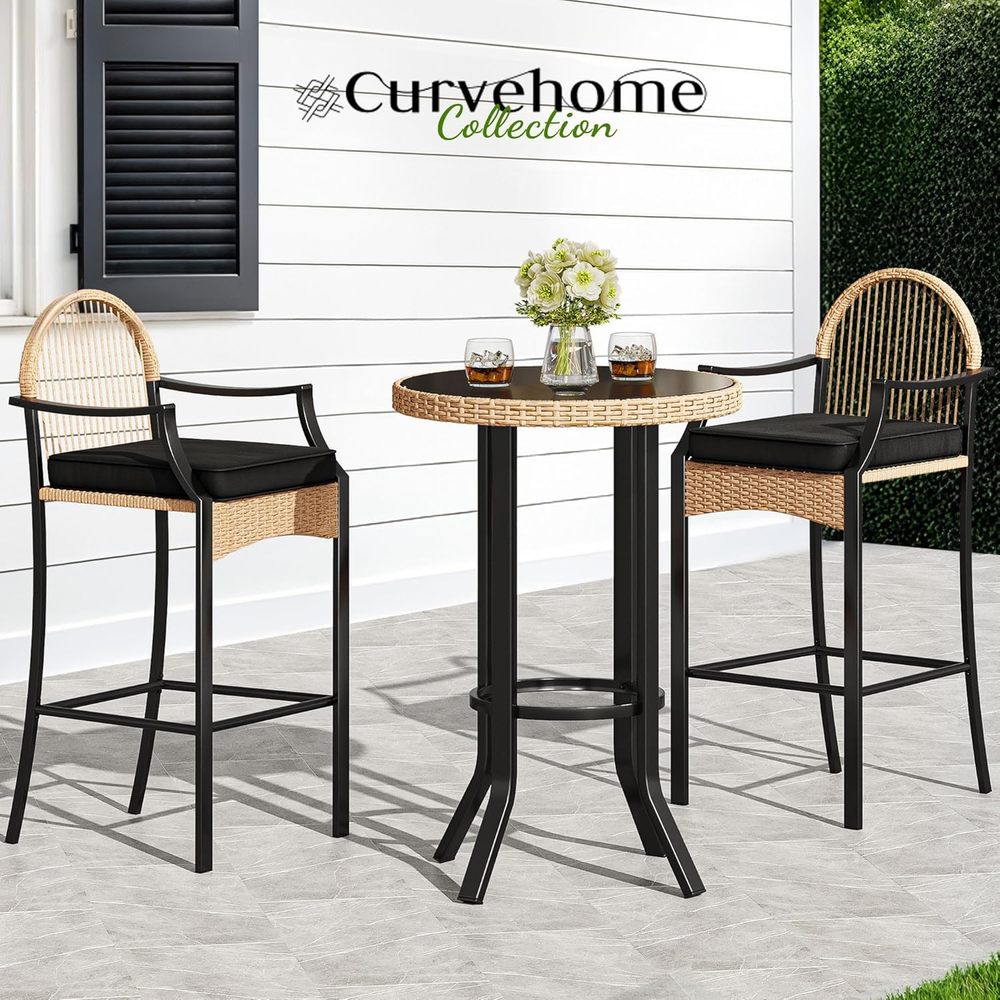 YITAHOME 3-Piece Outdoor Wicker Bar Height Set with Cushioned Barstools, Patio B