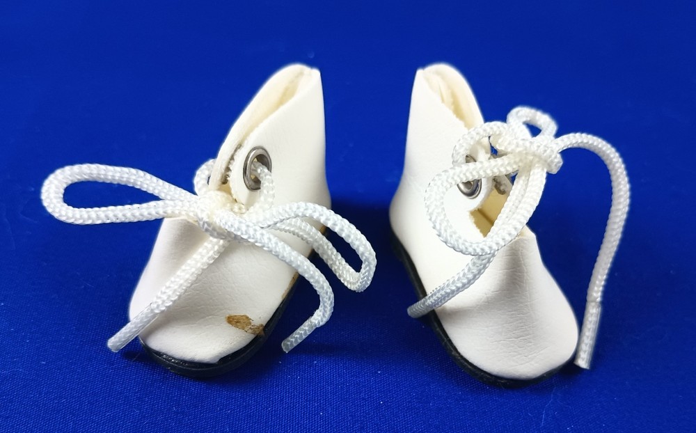 White Plastic Oilcloth Doll Shoes with Tie 1-1/2