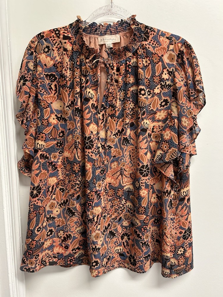 Women’s Philosophy Sheer Orange Floral Top  Size 2X Peasant Flowy Cottage Boho
