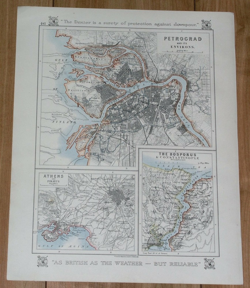 1921 Map Of St. Petersburg Petrograd Russia / Athens Istanbul Vienna Rome Italy