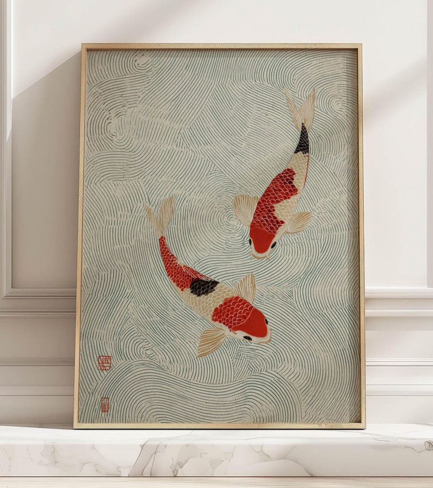 Red Cream Koi Fish Art Print Japanese Wabi Sabi Minimalist Poster Wall Decor