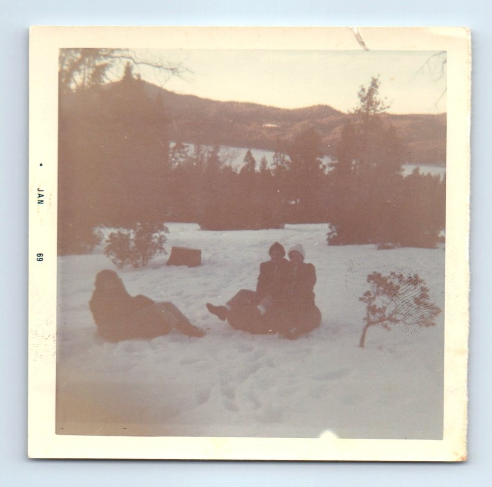Old Vintage Square Color Photo TRIO MEN WOMAN SNOW WINTER SCENE SNAPSHOT