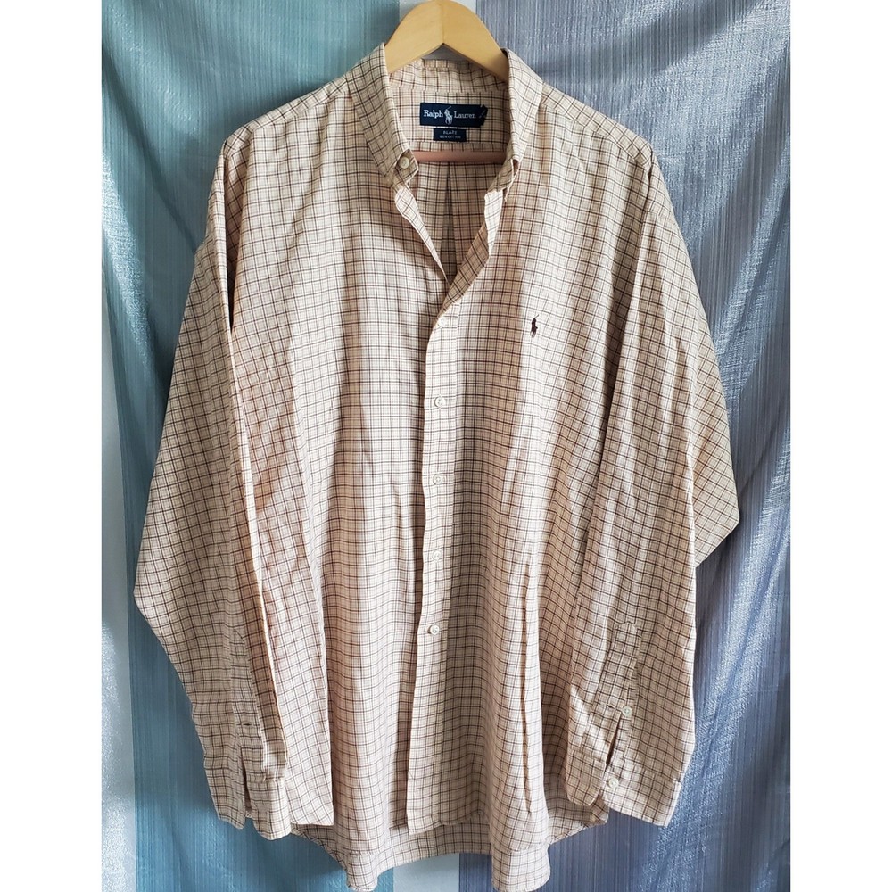 Polo Ralph Lauren Blake Mens XL Tan Brown Plaid Cotton Button Down Shirt