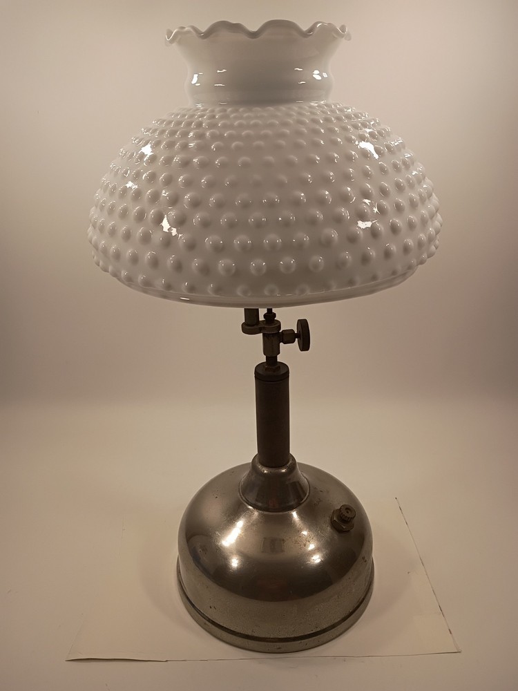 Antique Coleman Quick-Lite Table Lamp Chrome Base White Hobnail Milk Glass Shade