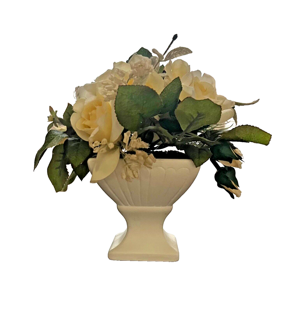 Silk Yellow Roses in Ceramic Vase - Elegant Faux Floral Home Decor Gift