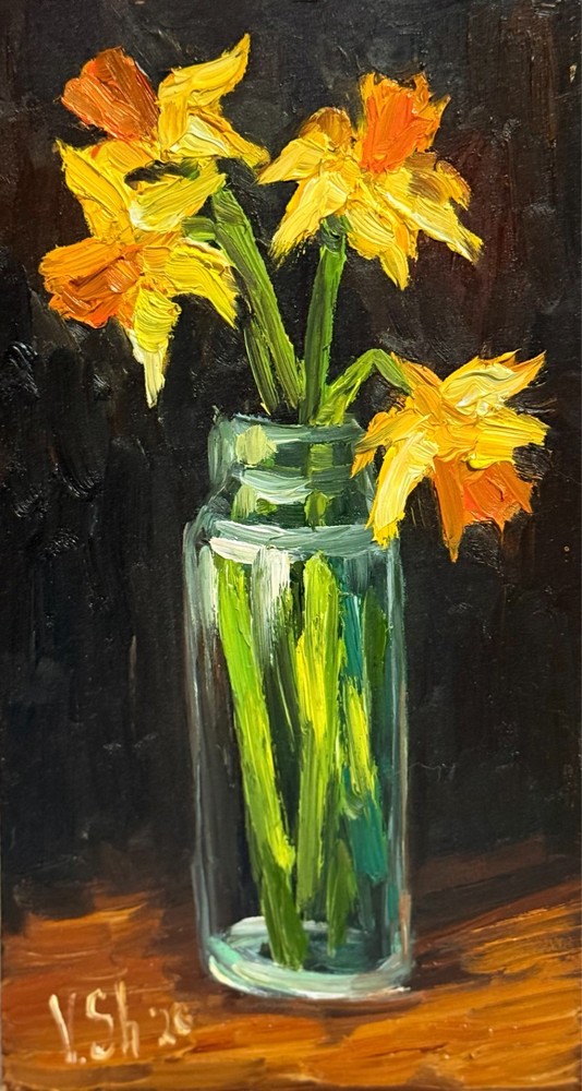 Blooming Flowers Daffodils Painting Original Oil Impressionism Signed Art 8x4.5