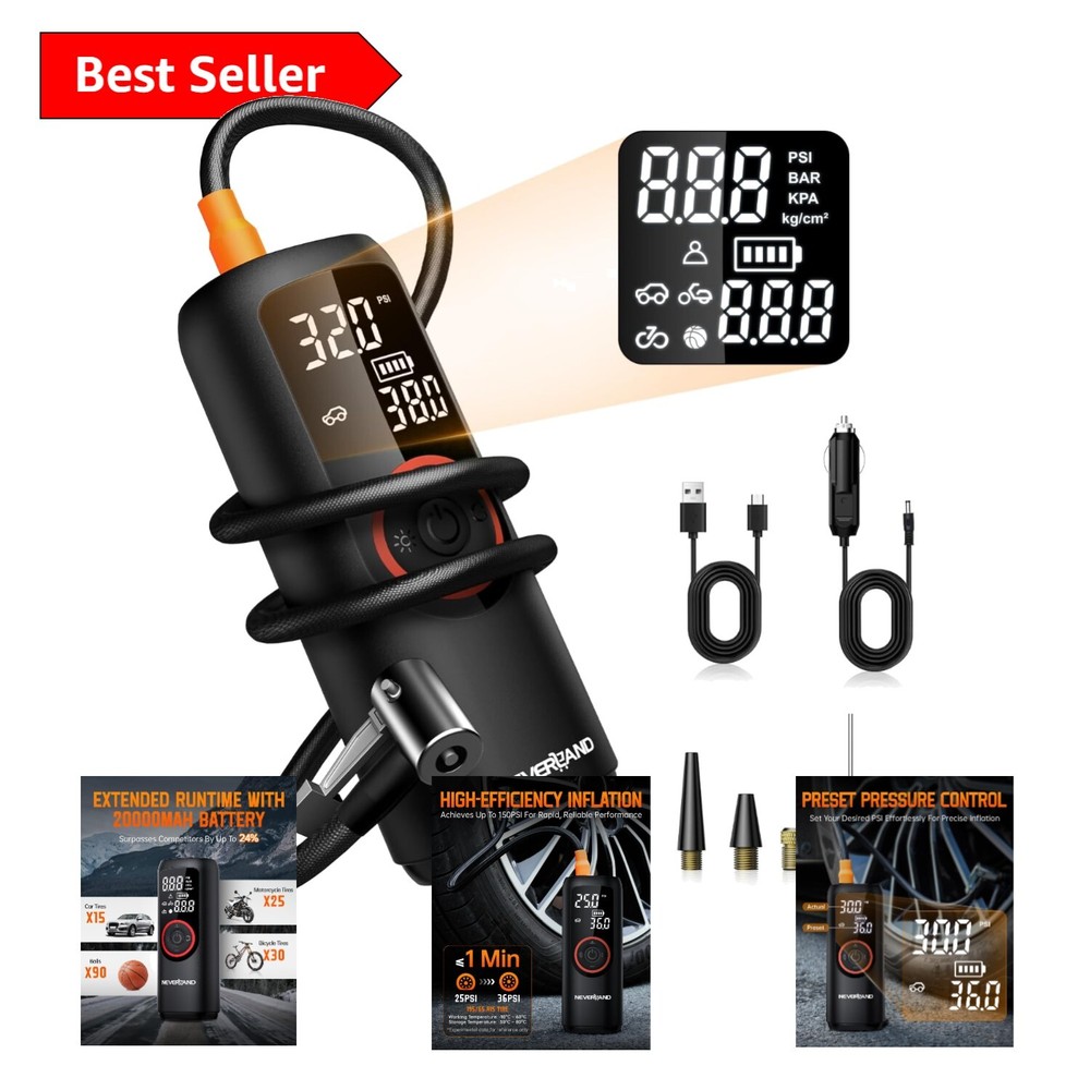 Multi-Use 20000mAh Tire Inflator with Real-Time Pressure Display & LED Lights