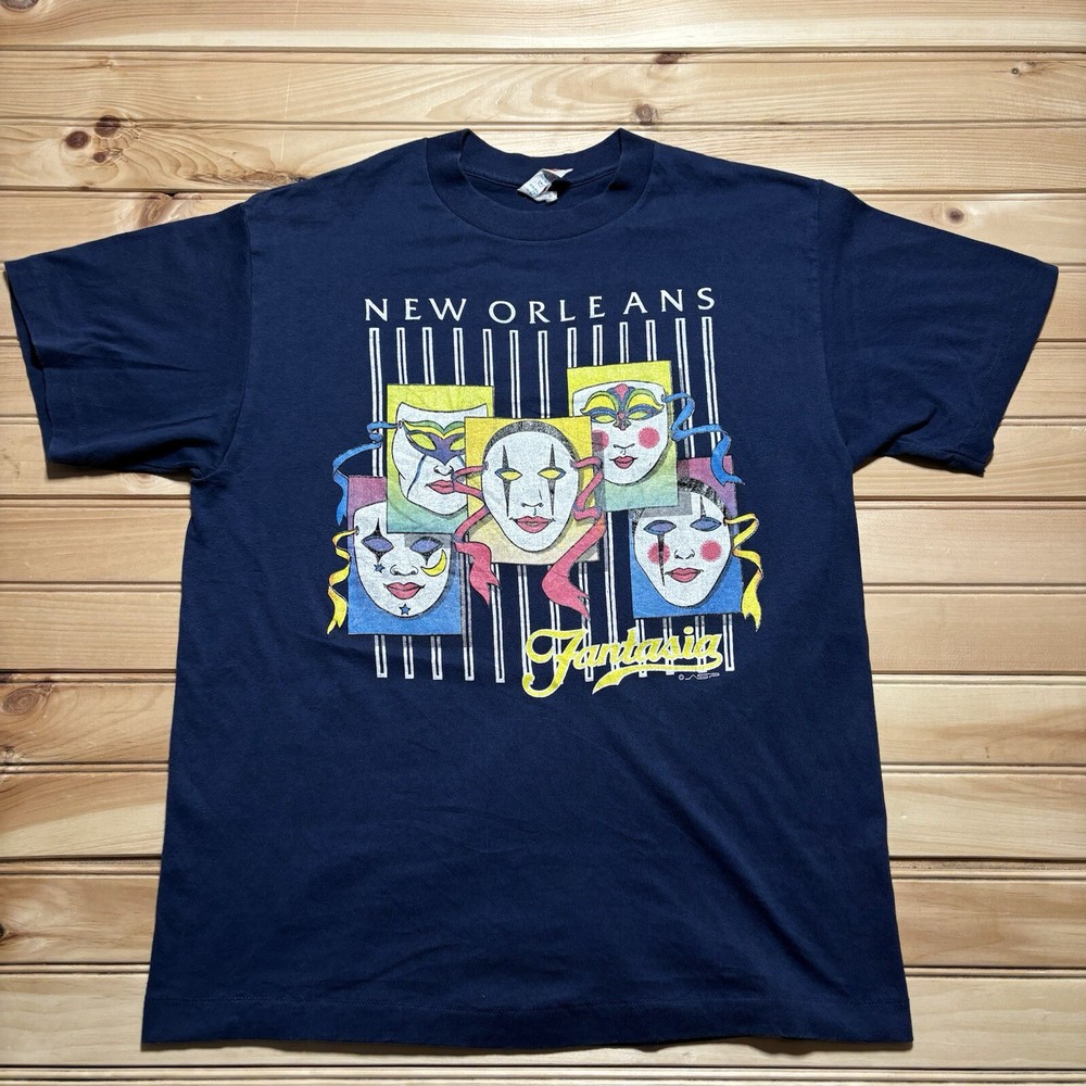 Vintage 80s New Orleans Fantasia Mask Festival Jazz Single Stitch Shirt Size L