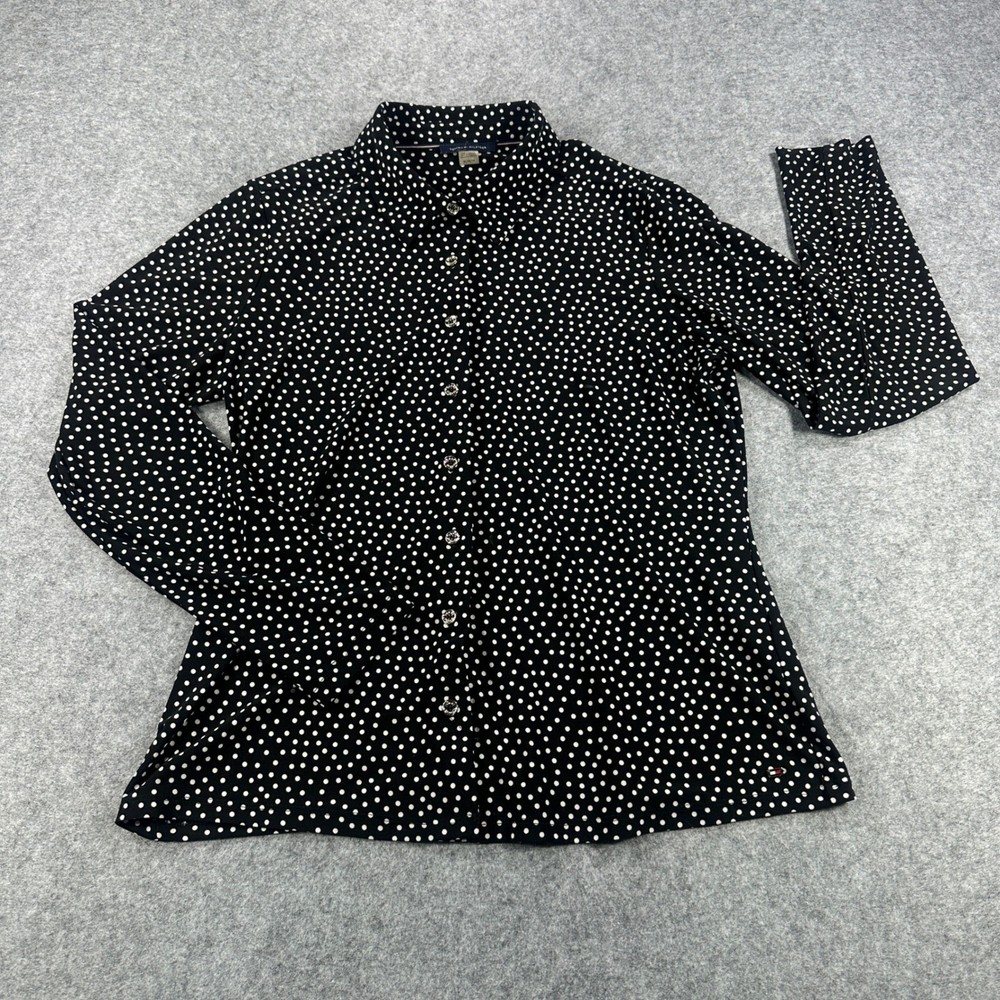 Tommy Hilfiger Womens Polka Dot Button Down Shirt Black White Size M Parisian