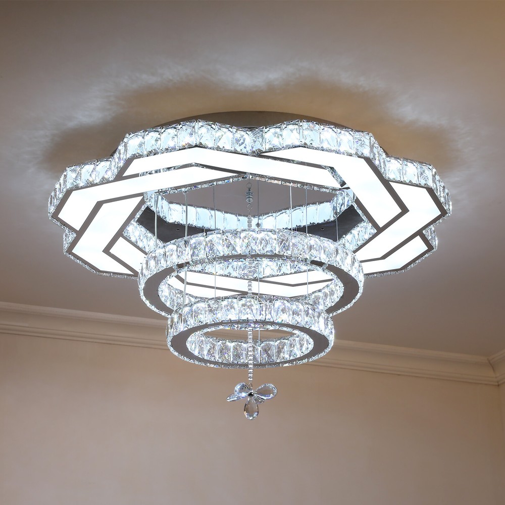 Modern 23.6inches Large Crystal Chandelier Round Ring Dimmable Living Room Lamps