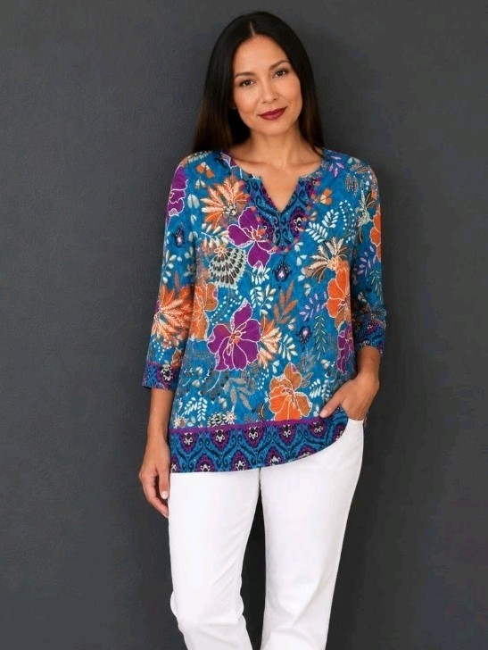Ruby Rd. Women's Floral Print Tassel V-Neck Tunic Top Blue Purple Orange Size...