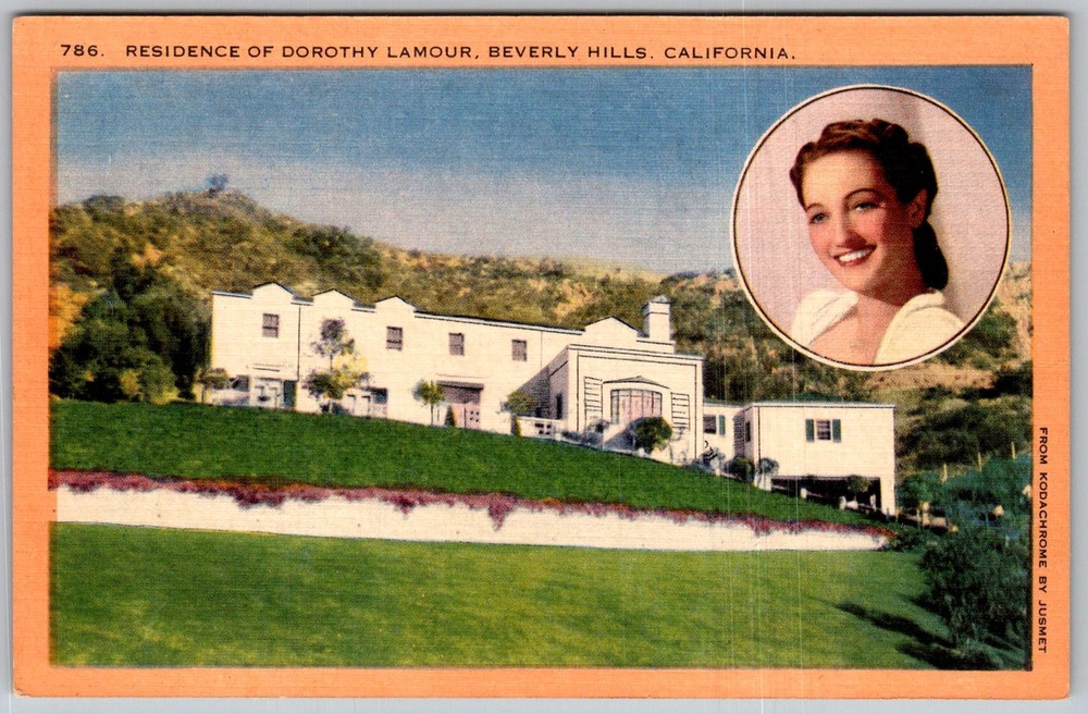 Vtg Linen Postcard Dorothy Lamour Residence Beverly Hills, CA 1930s