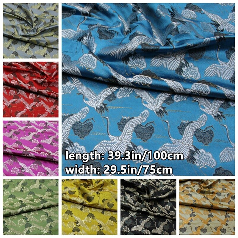 Satin Brocade Damask Fabric Cloth Crane Printed for Tang Suit Jacket DIY Crafts